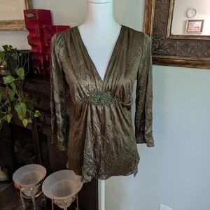 NWT Y2K Womens M/L Olive Green Floral Beaded Babydoll Waist Blouse Wimsigoth 98